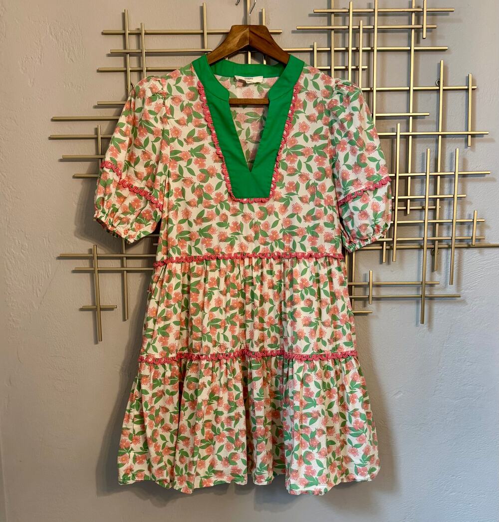Entro S Pink Green Floral Tiered Puff Sleeve Cotton Mini Dress